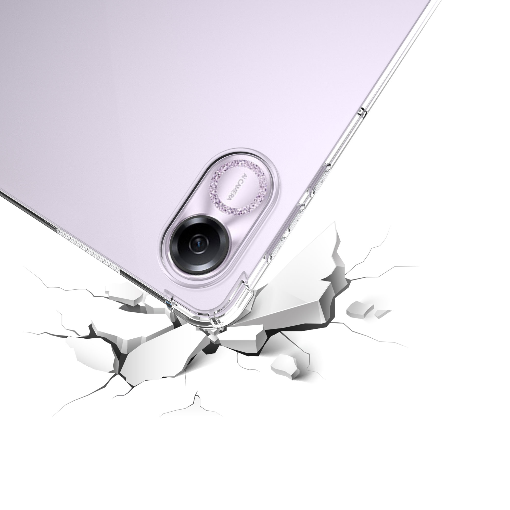 Un primo piano di un tablet con una fotocamera in una custodia trasparente. Il tablet è su una superficie rotta.