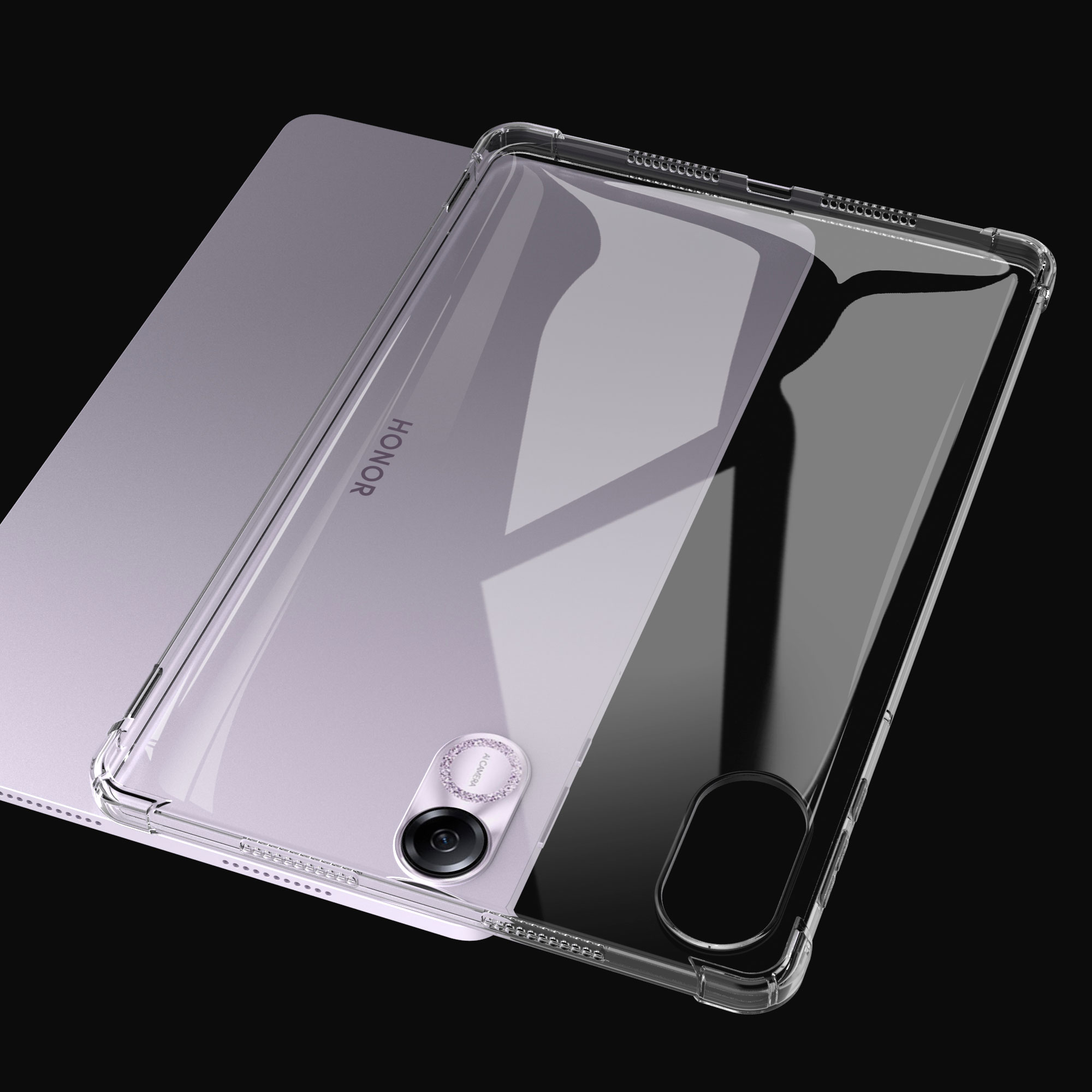 Una custodia trasparente per tablet su un tablet viola chiaro, con la scritta HONOR. Sfondo nero.