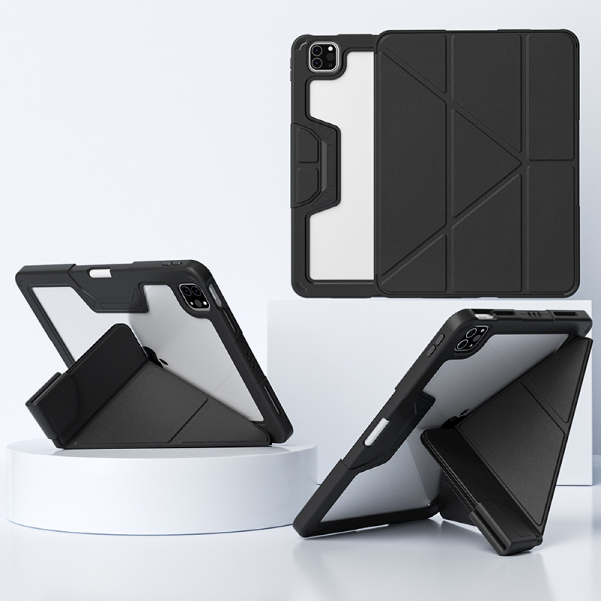 Custodia per tablet nera. Design con supporto pieghevole. Due fotocamere visibili. Posizionata su una superficie bianca.
