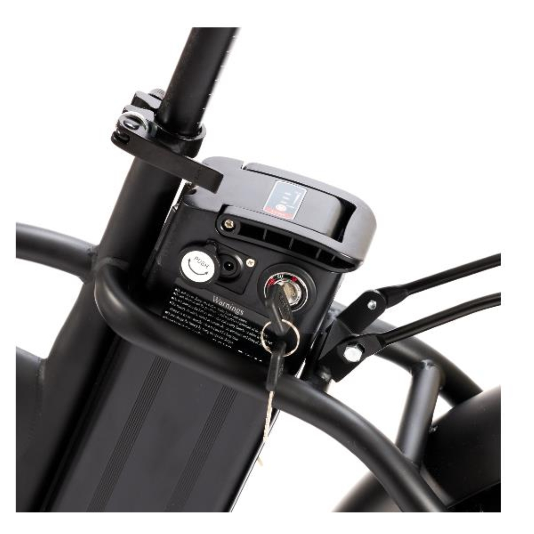 Czarna rama roweru z baterią, zamkiem na klucz i przewodami. Bateria jest czarna.