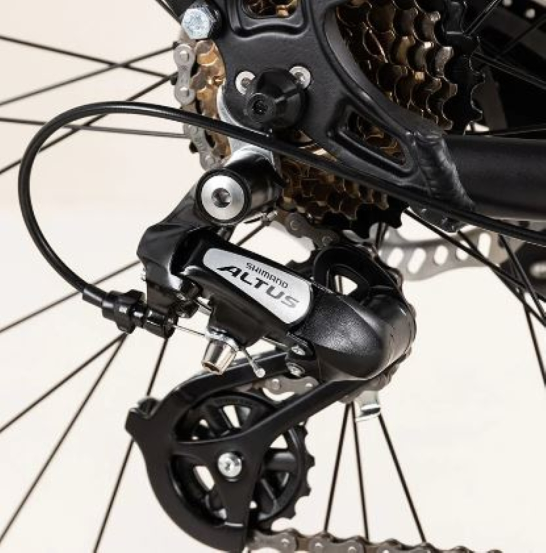 Primo piano del cambio posteriore di una bici. È nero con accenti argentati e la parola ALTUS è visibile.