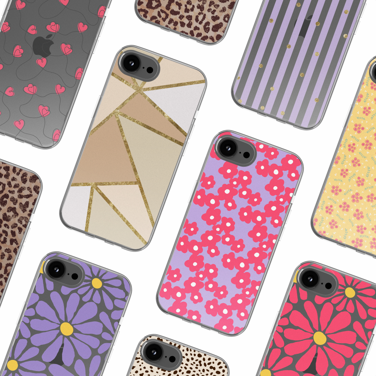 Eine Sammlung von Handyhüllen mit verschiedenen Designs auf weißem Hintergrund. Verschiedene Muster wie Herzen und Blumen werden gezeigt.