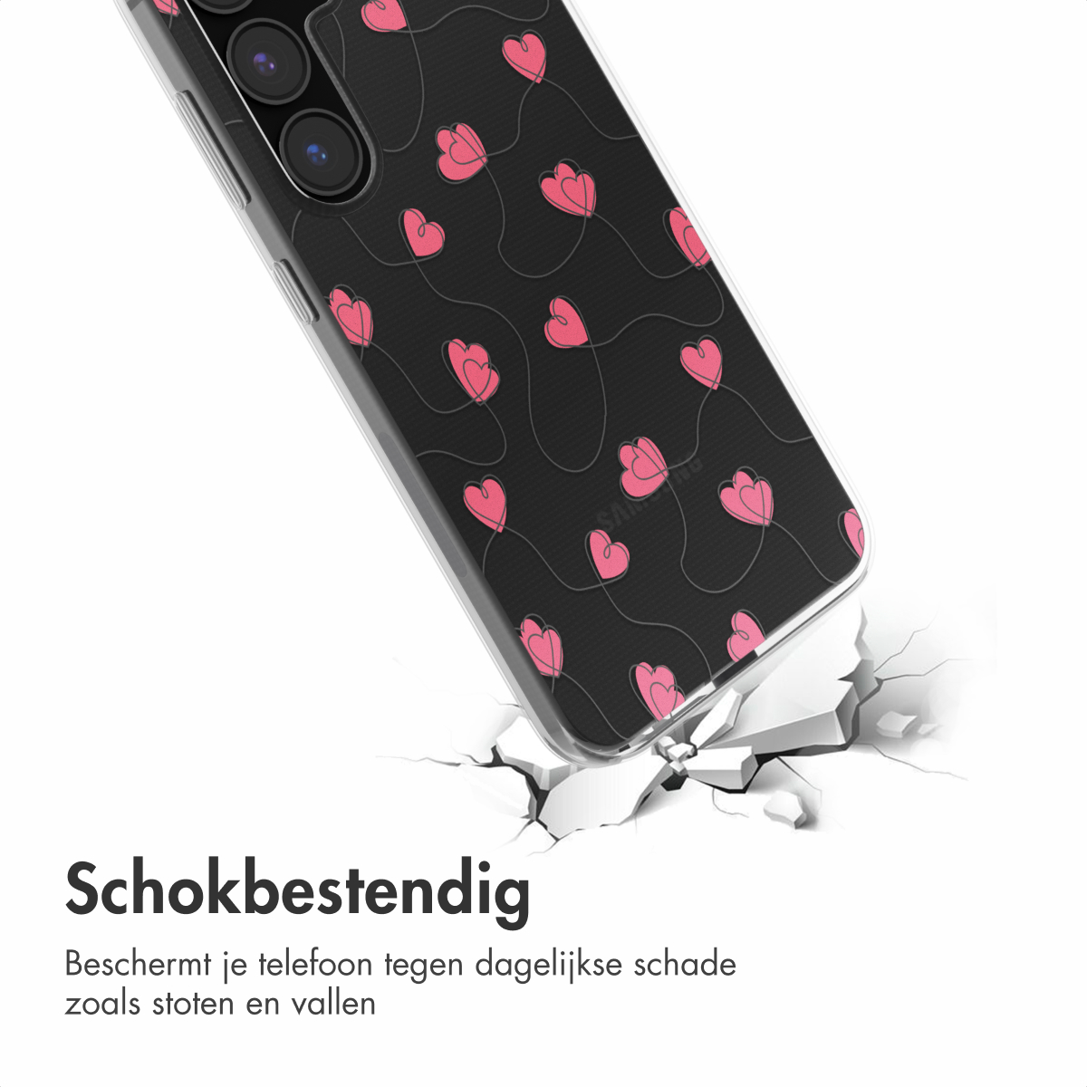 Een telefoon en een hoesje. De hoes is transparant met roze hartcontouren op een zwarte achtergrond. De achtergrond is wit.