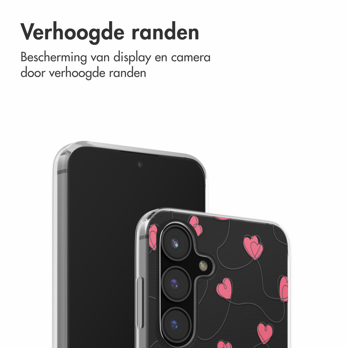 Een telefoon en een hoesje. De hoes is transparant met roze hartcontouren op een zwarte achtergrond. De achtergrond is wit.