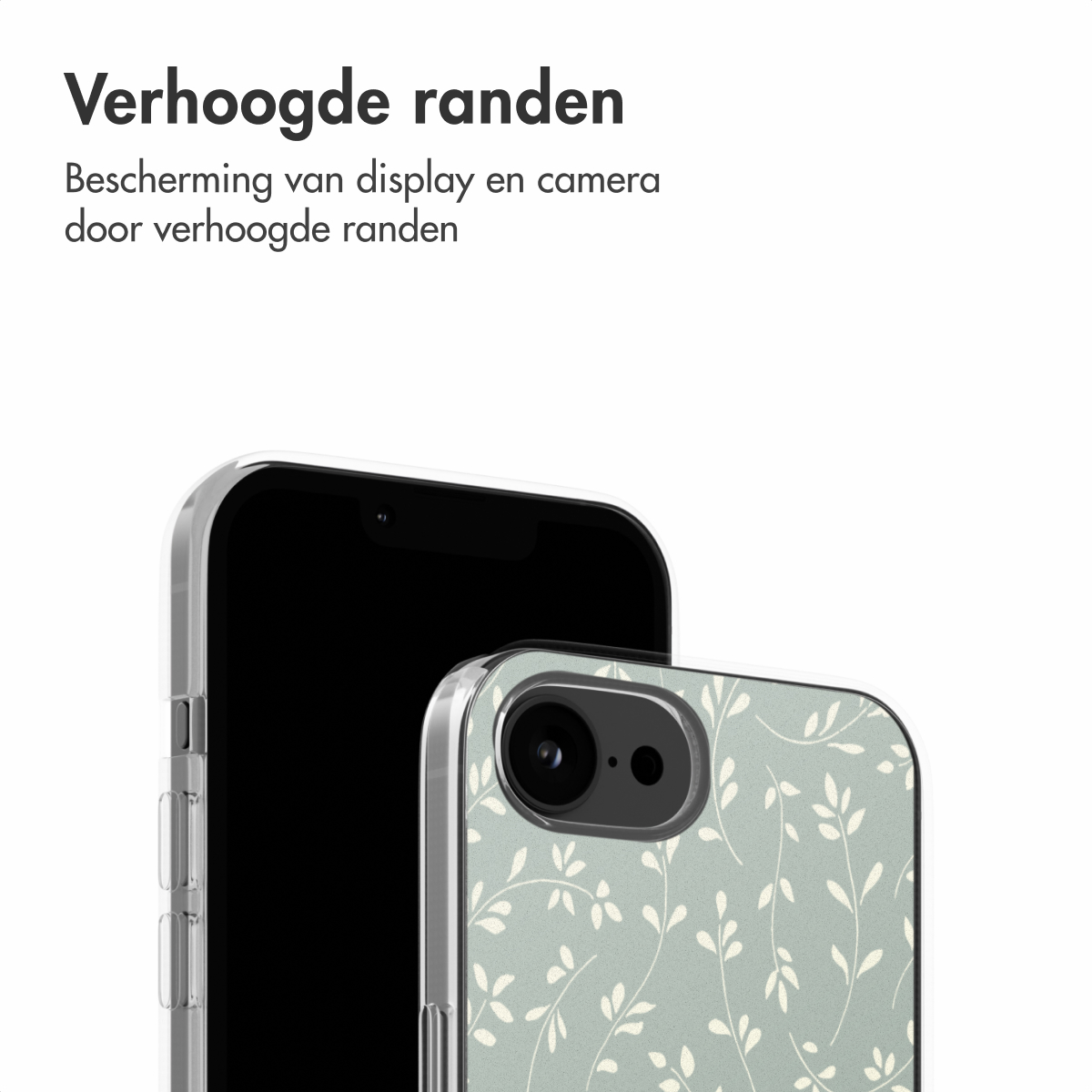 Ein Telefon und eine Hülle. Die Hülle ist transparent mit weißen Blättern auf grünem Hintergrund. Der Hintergrund ist weiß.