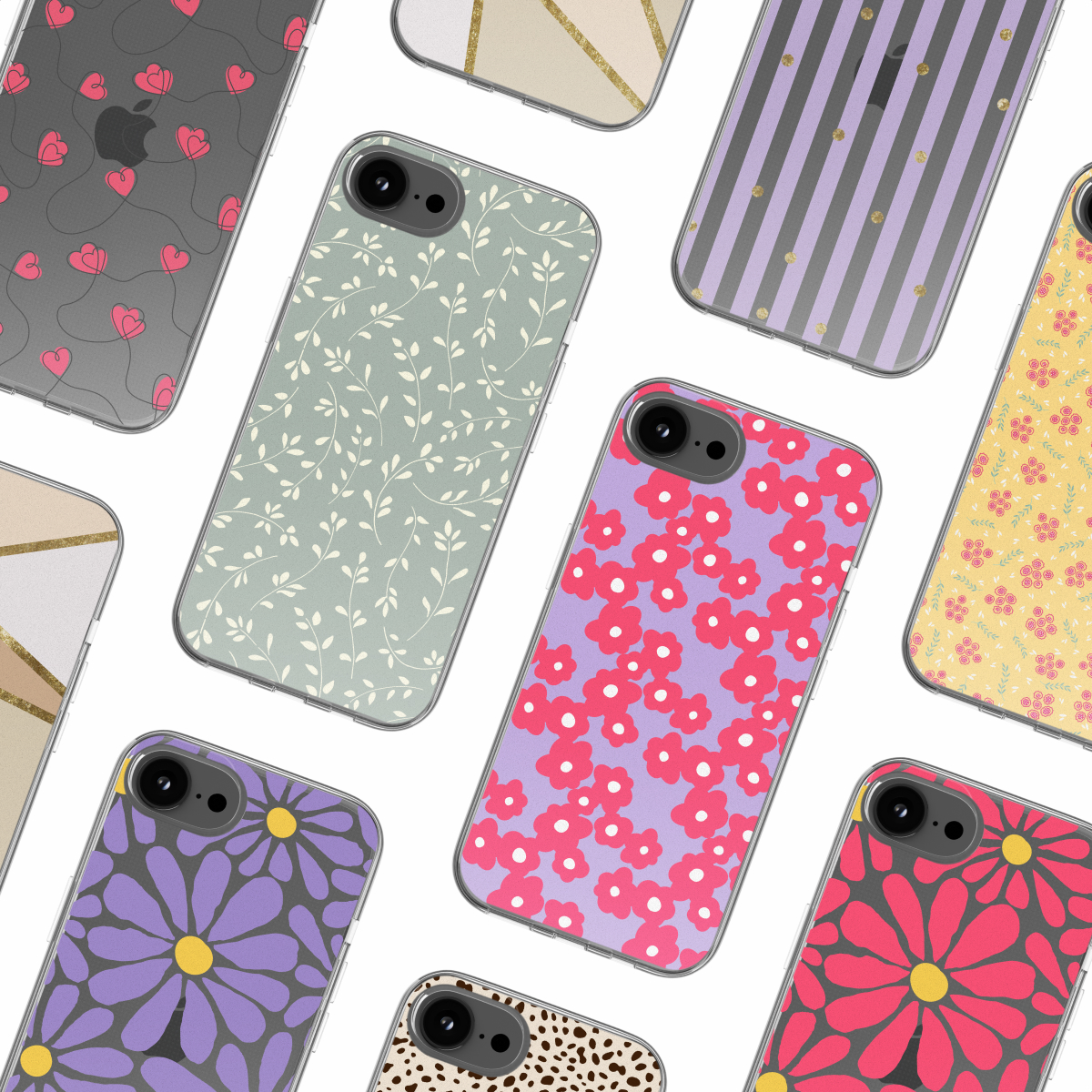 Eine Sammlung von Handyhüllen mit verschiedenen Designs auf weißem Hintergrund. Verschiedene Muster wie Herzen und Blumen werden gezeigt.