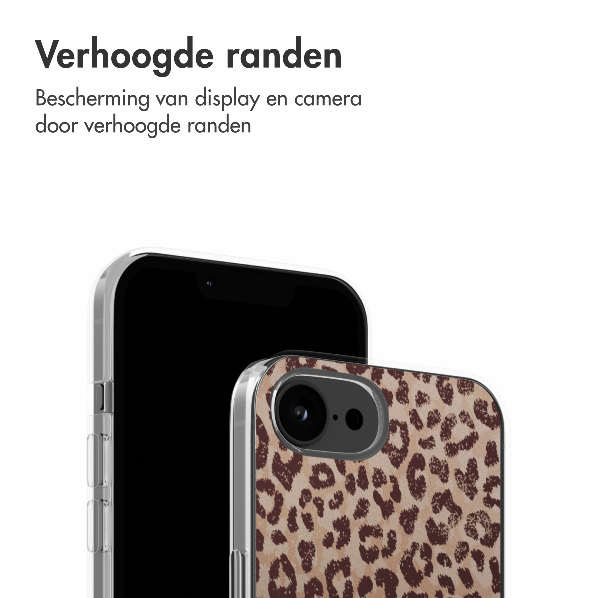 Ein Telefon und eine Hülle. Die Hülle ist transparent mit Leopardenmuster auf beigem Hintergrund. Der Hintergrund ist weiß.
