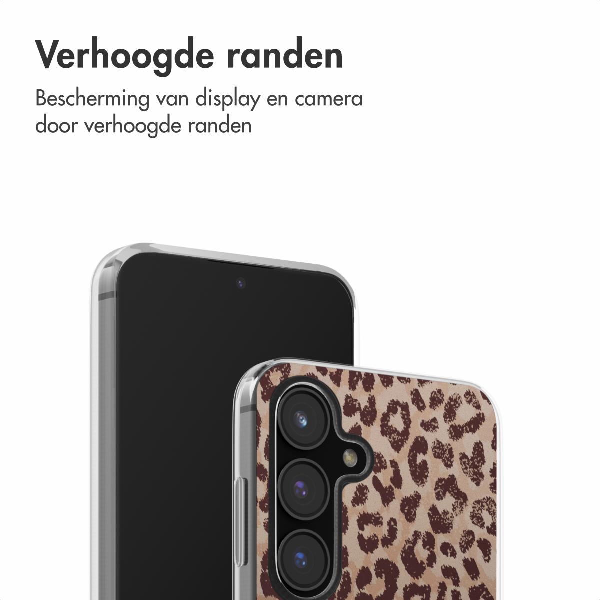 Telefoonhoesje met luipaardpatroon. Zwart telefoonscherm zichtbaar. Tekst bovenaan.