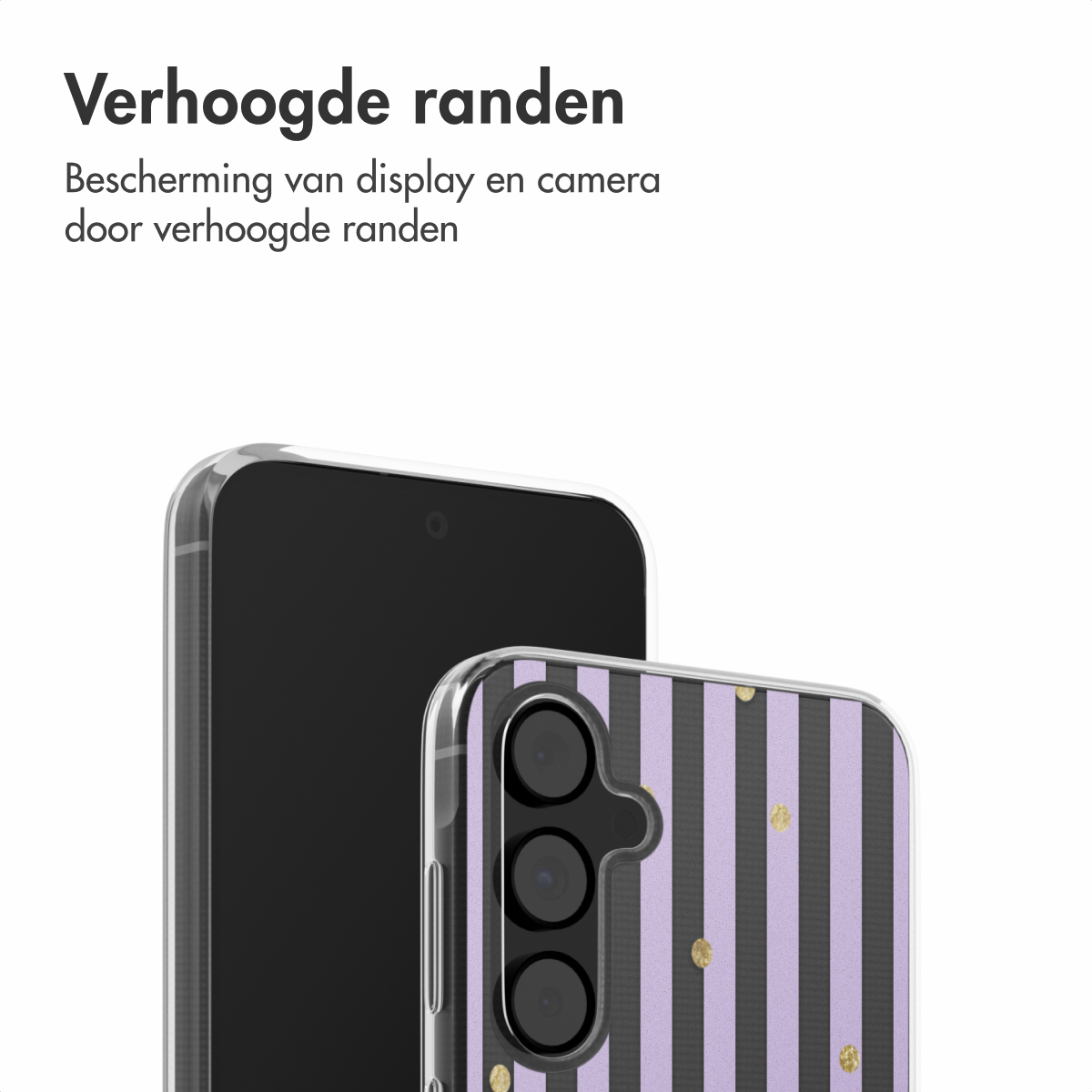Twee telefoons naast elkaar. Eén zwart, de ander met paarse en zwarte strepen.