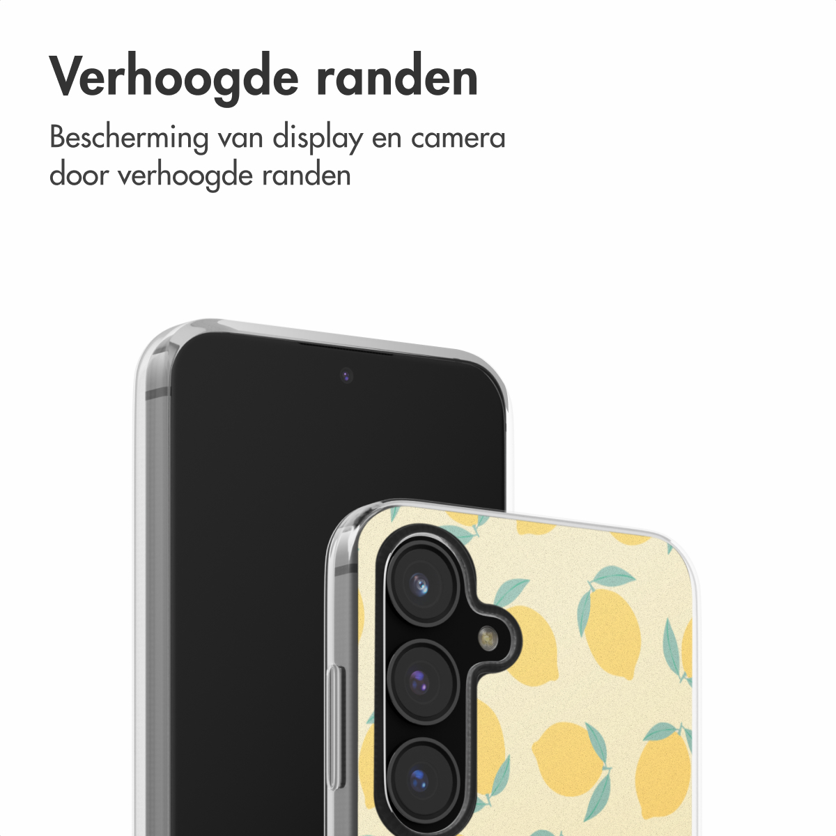 Twee telefoons naast elkaar. Eén zwart, de ander met een geel citroenpatroon.