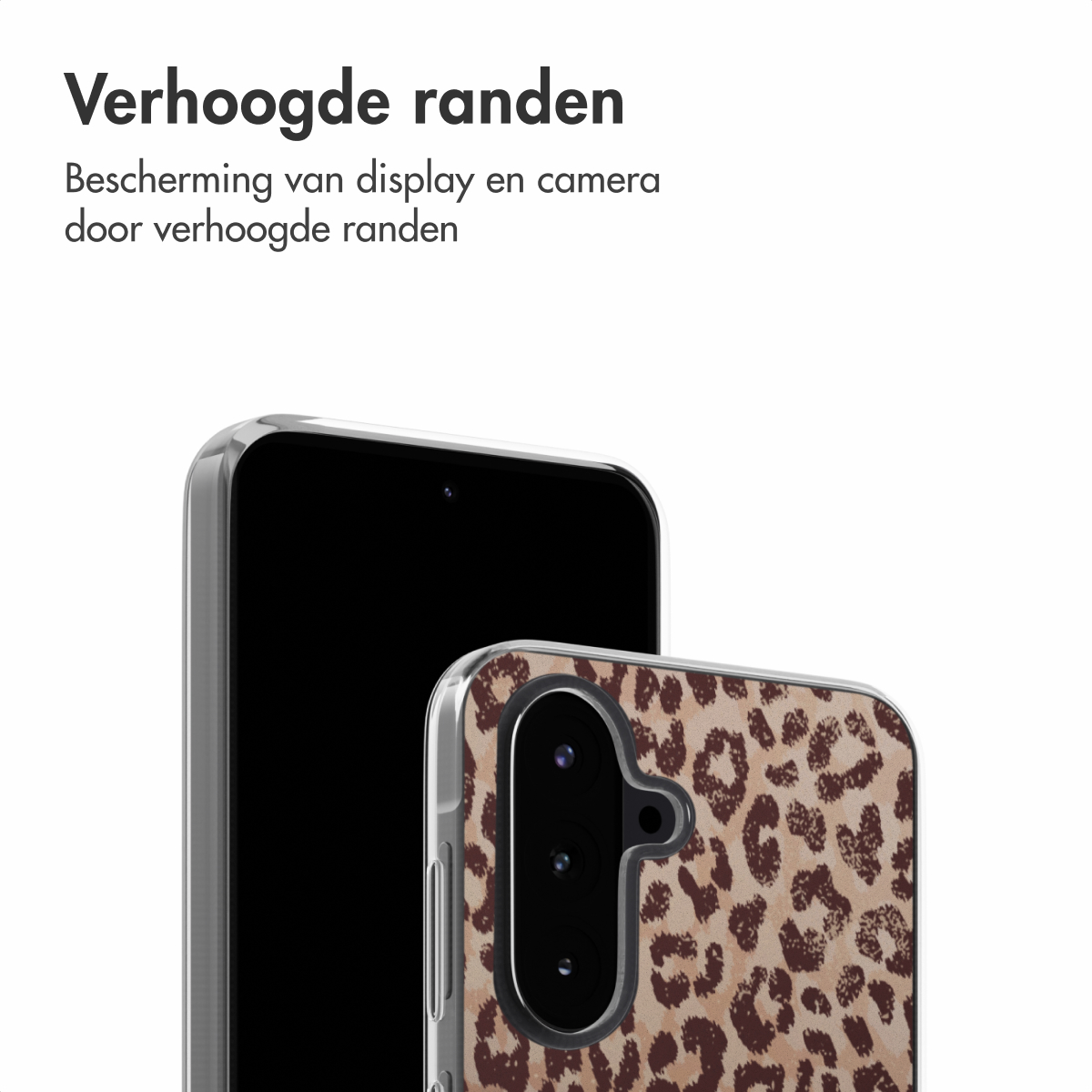 Twee telefoons naast elkaar. Eén zwart, de ander met een bruine luipaardprint.