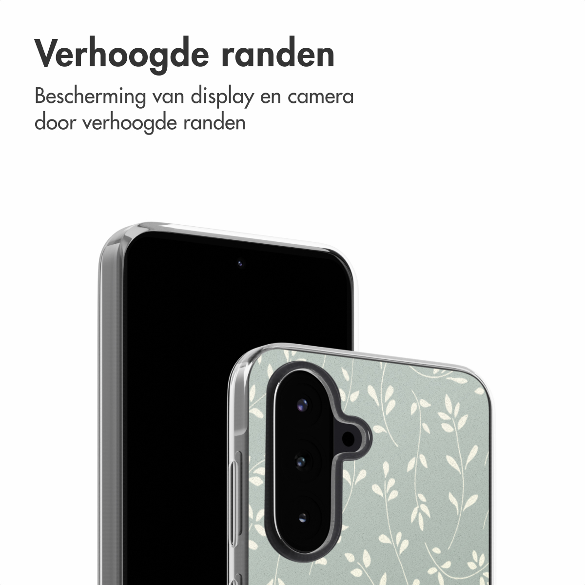 Twee telefoons naast elkaar. Eén zwart, de ander met een lichtgroen bloemenpatroon.