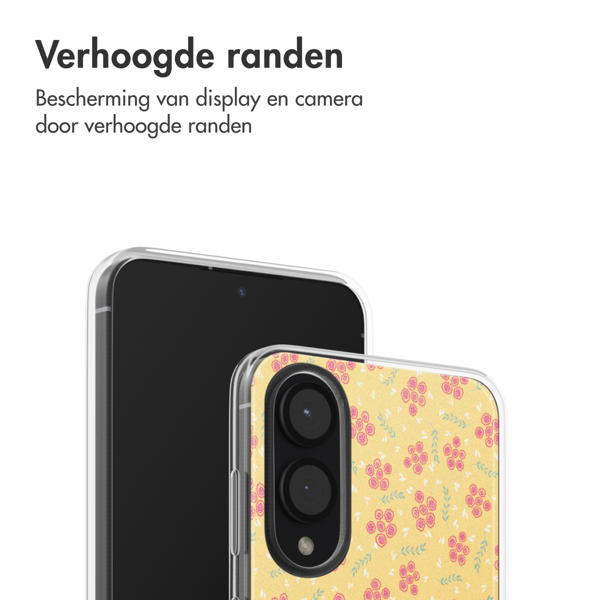 Telefoonhoesje met roze bloemenpatroon. Zwart telefoonscherm zichtbaar. Tekst bovenaan.