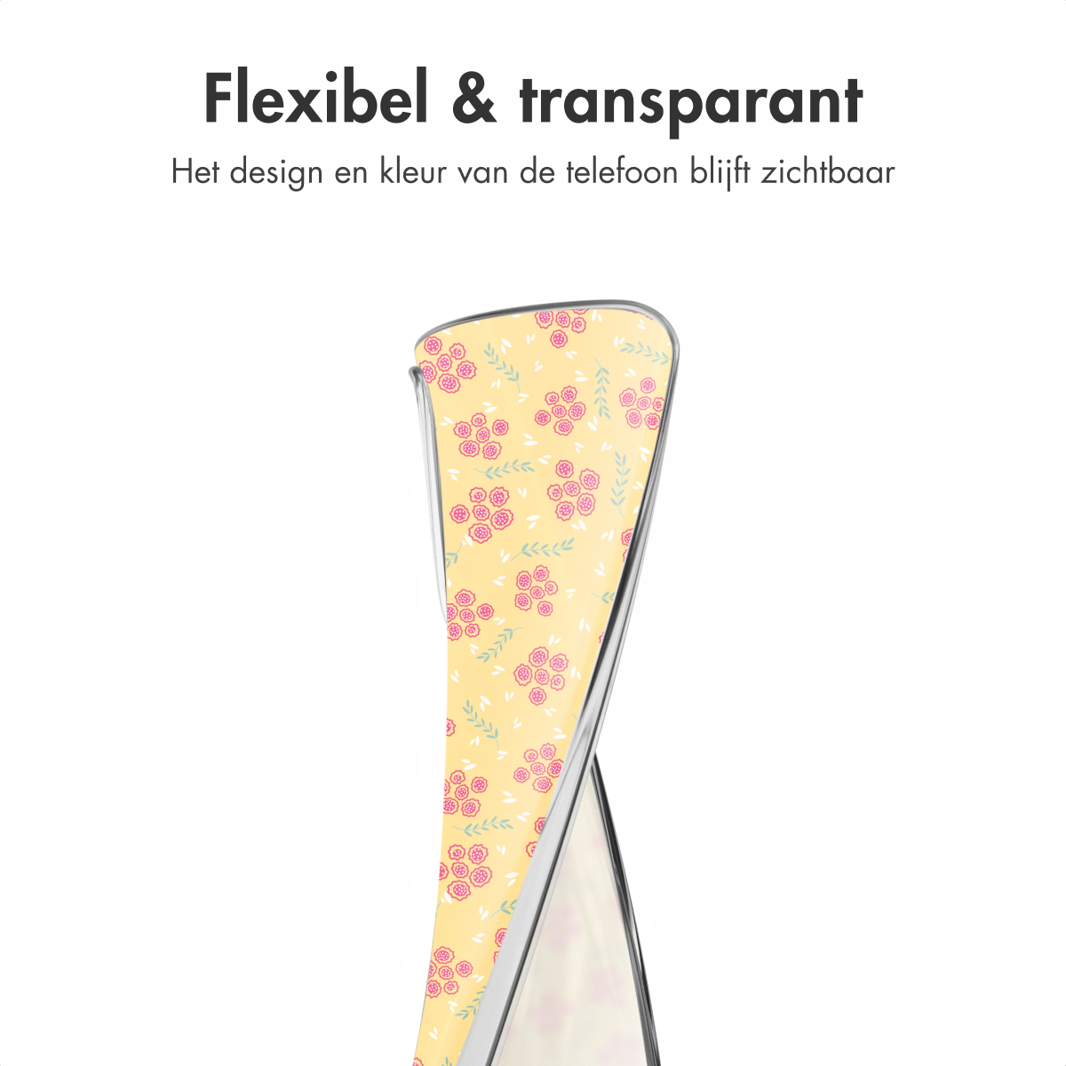 Telefoonhoesje met roze bloemenpatroon. Hoesje is gebogen. Gele achtergrond.