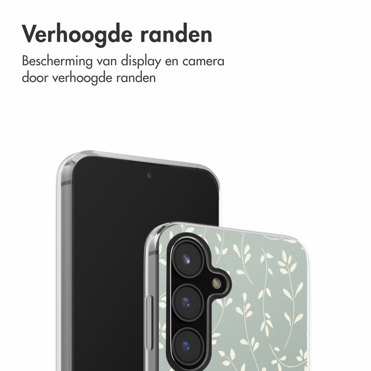 Coque de téléphone avec motif de feuilles vert clair. Écran noir visible. Texte en haut.
