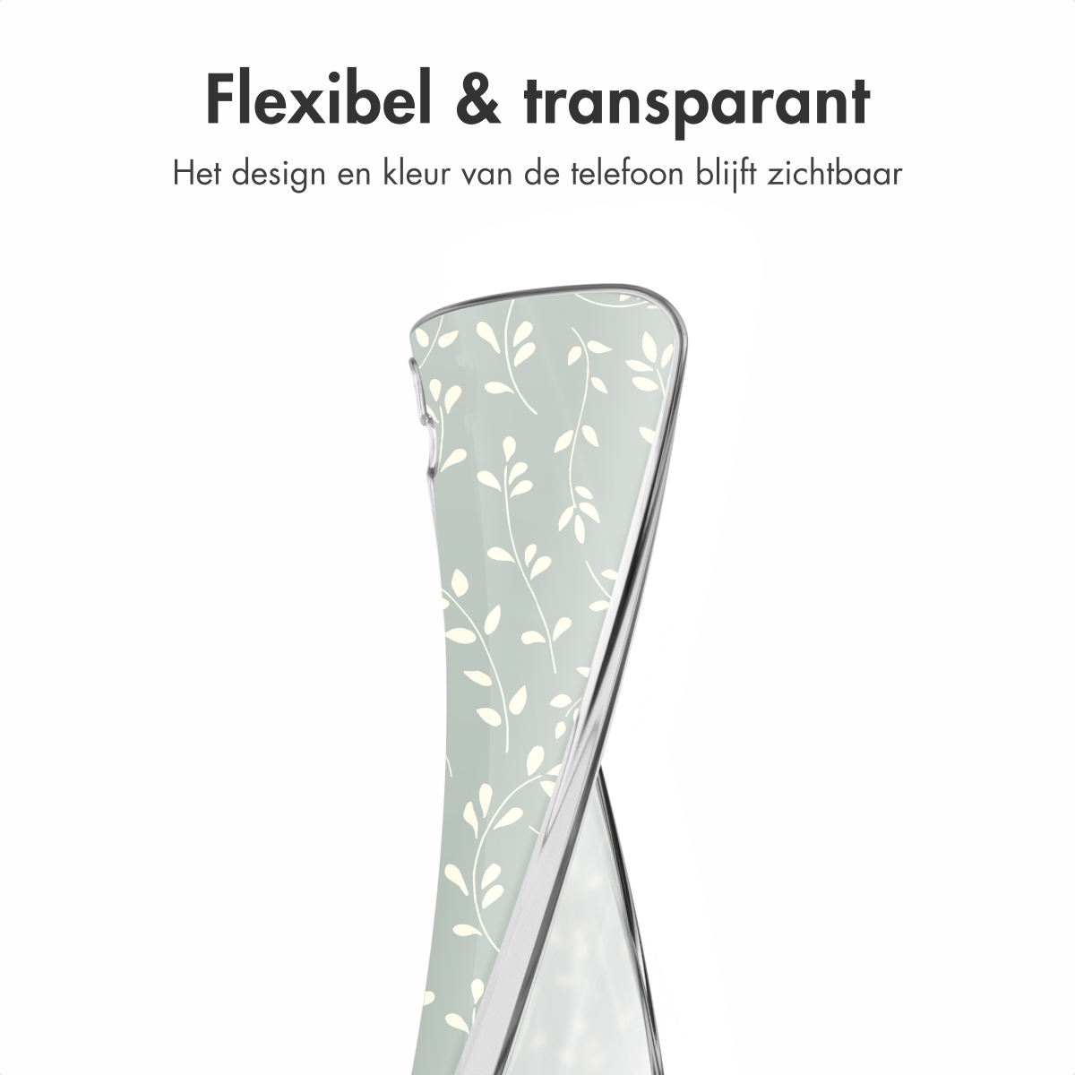 Une coque de téléphone avec un motif floral vert clair, pliée pour montrer sa flexibilité.