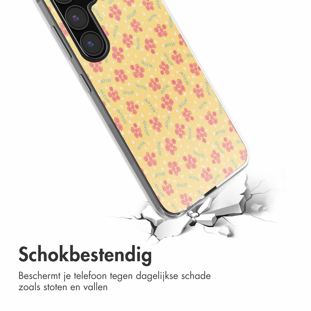 Een telefoonhoesje met een geel bloemmotief. De hoes is schuin geplaatst, met een gebarsten oppervlak eronder.