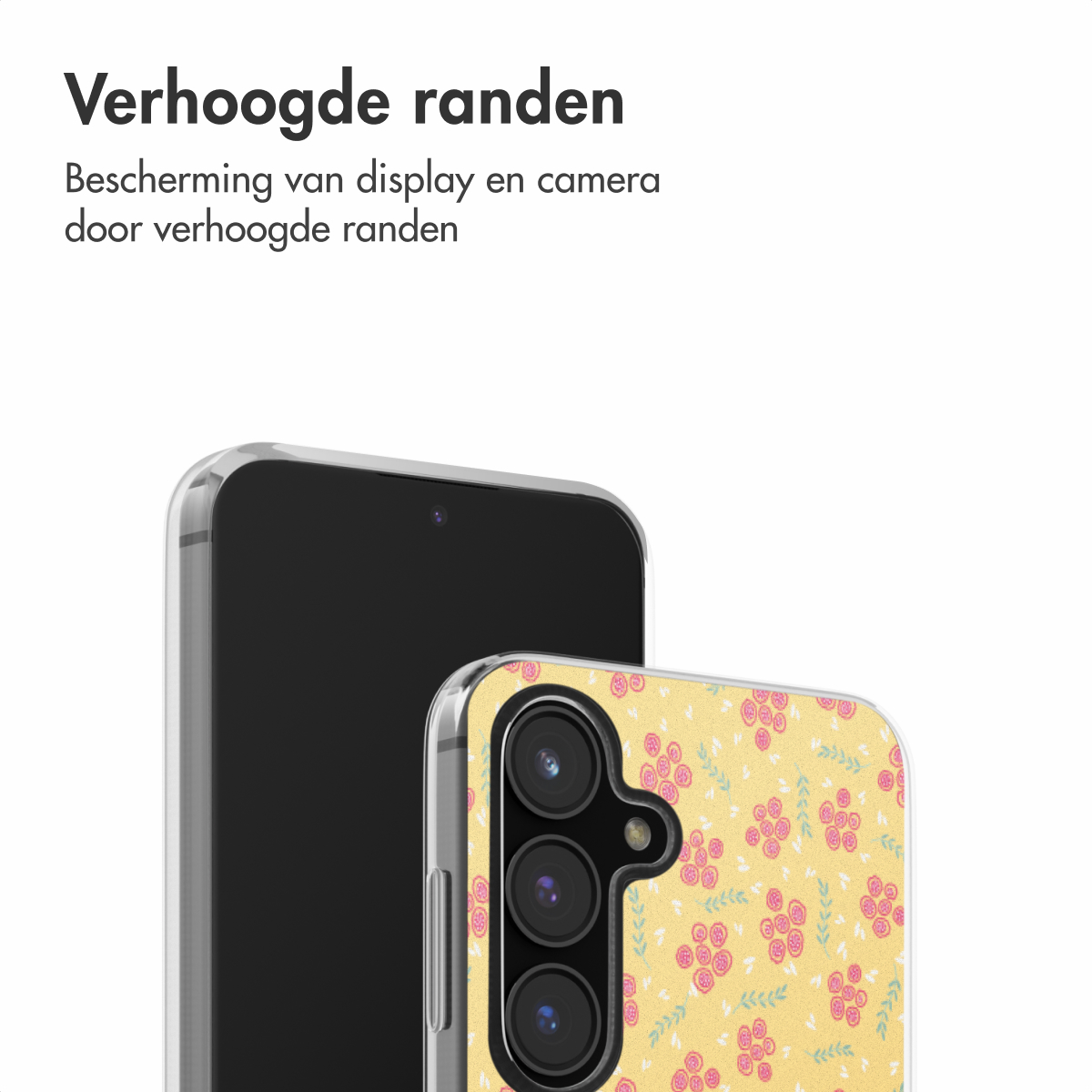 Twee telefoons naast elkaar. Eén zwart, de ander met een geel bloemenpatroon.