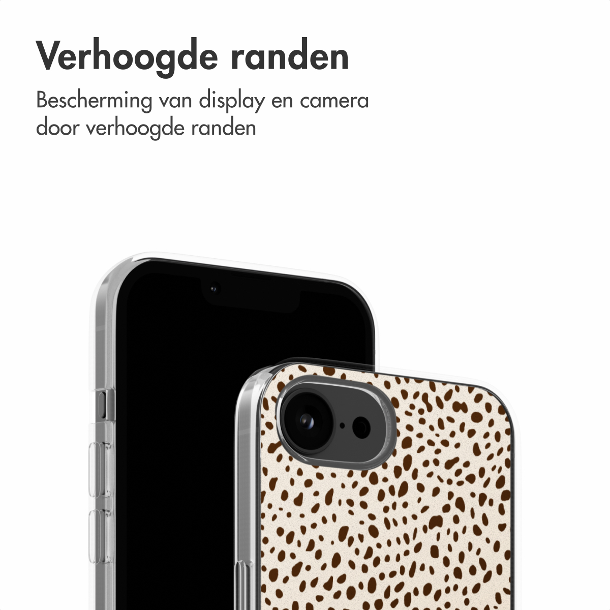 Handyhülle mit weißen und braunen Flecken. Schwarzer Telefonbildschirm sichtbar. Text oben.