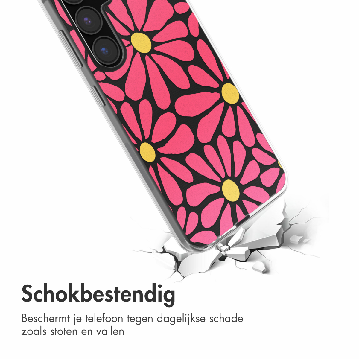 Telefoonhoesje met een roze bloemmotief, vallend op een gebarsten oppervlak.