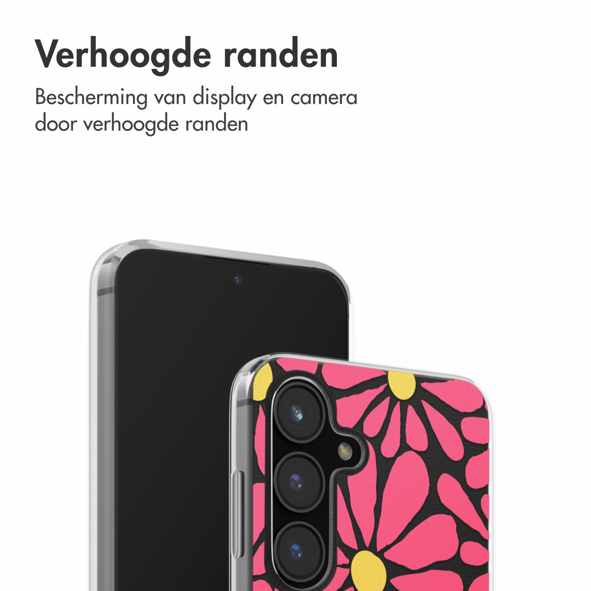 Telefoonhoesje met roze en gele bloemenpatroon. Zwart telefoonscherm zichtbaar. Tekst bovenaan.