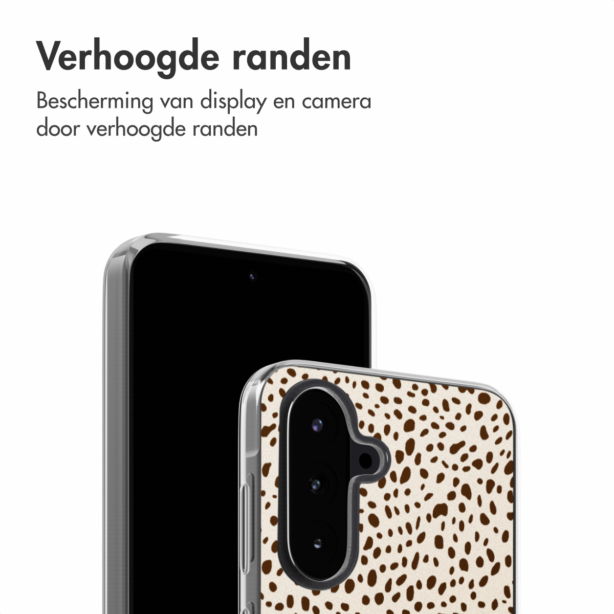 Un téléphone avec une coque à imprimé léopard. Le téléphone est noir et la coque a des taches marron sur fond beige.