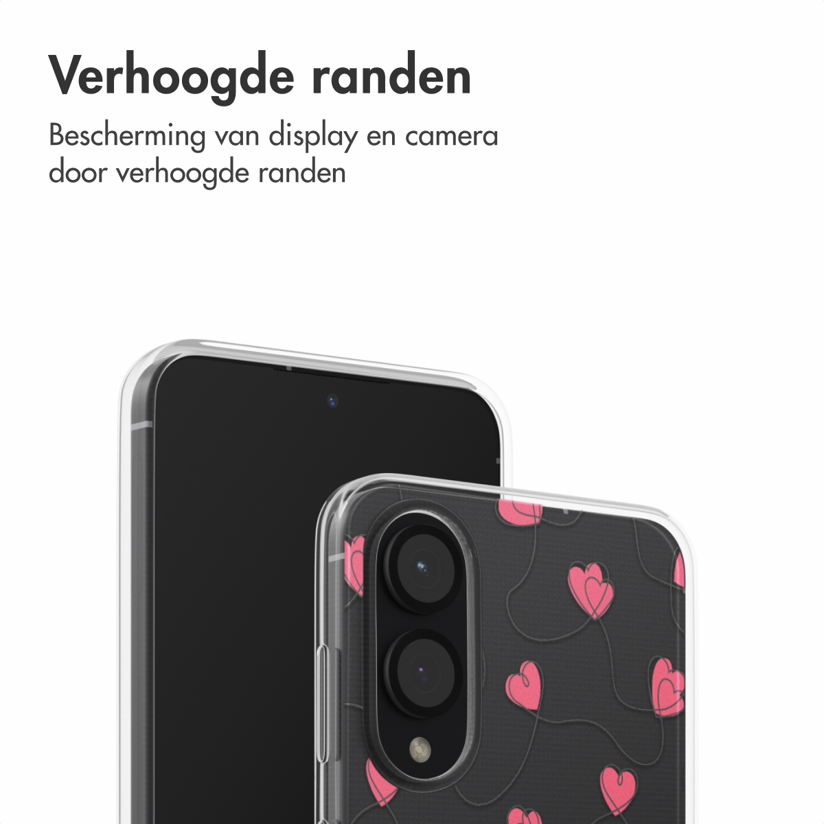 Een telefoonhoesje met een roze hart ontwerp op een zwarte achtergrond. De hoes is transparant.
