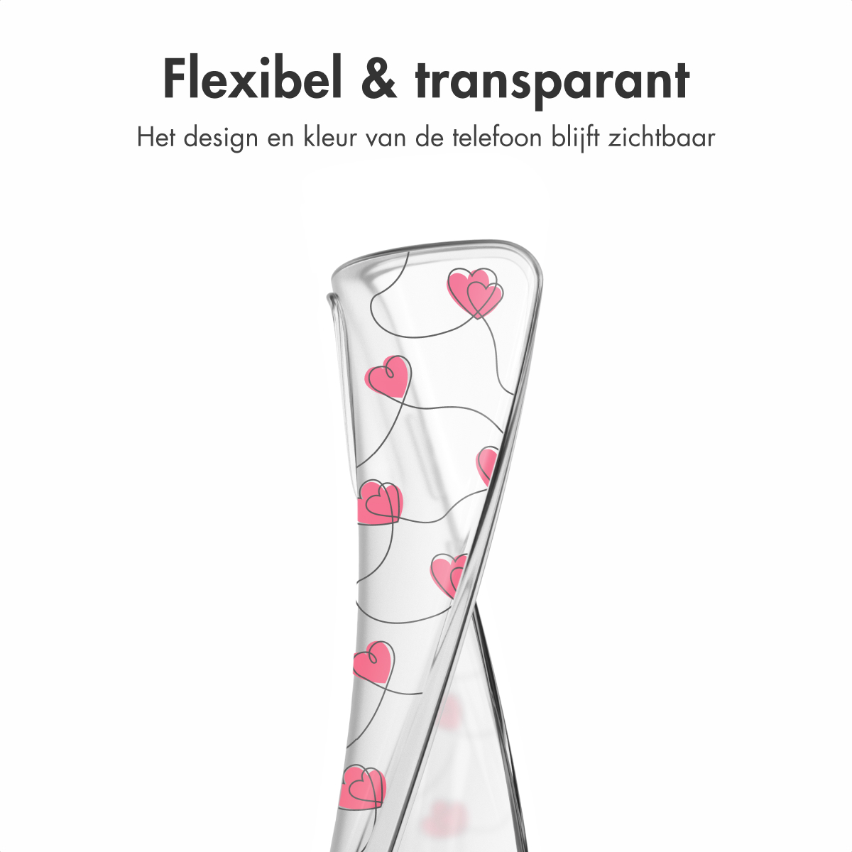 Een doorzichtig telefoonhoesje met roze hartomlijningen. De hoes is gebogen.