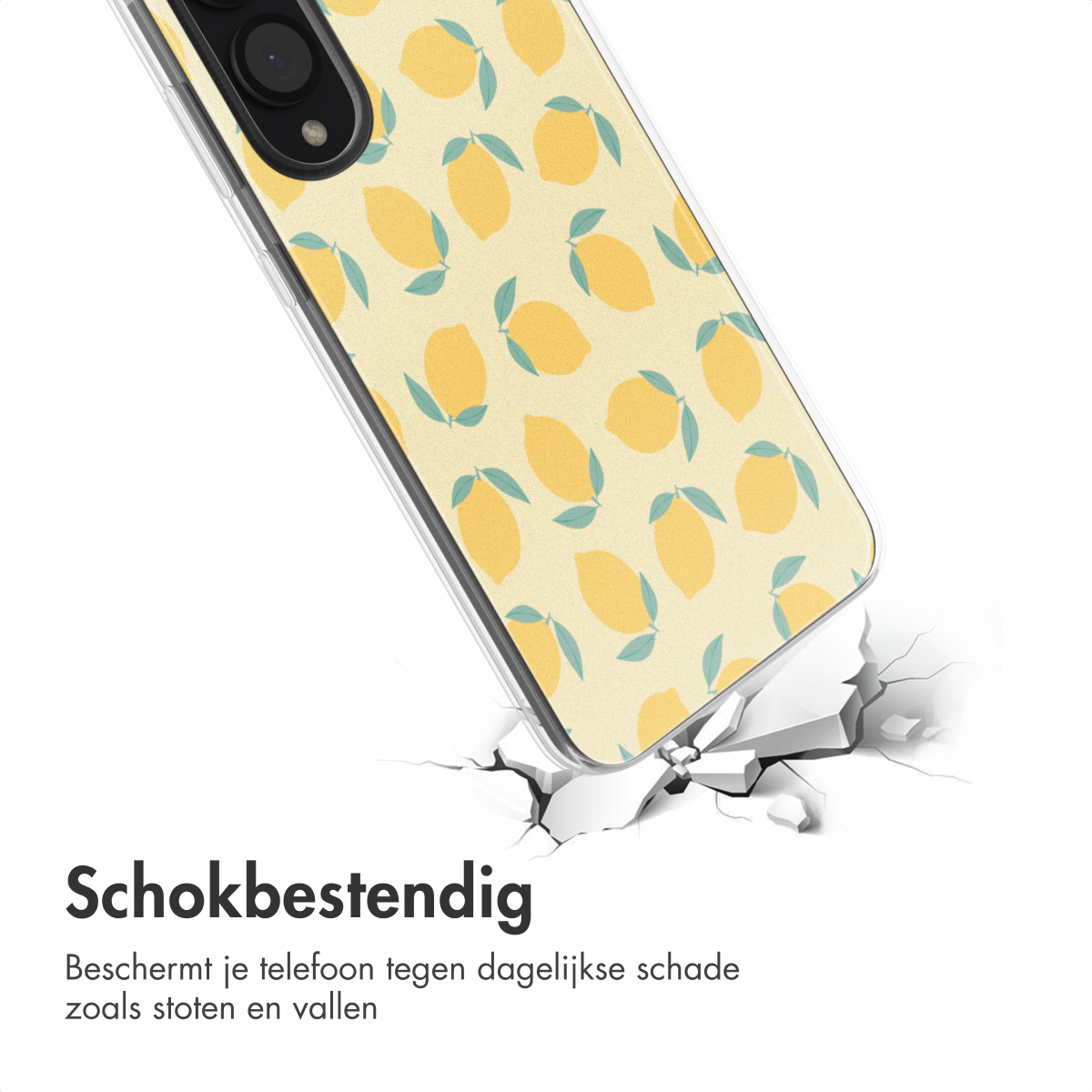 Een telefoonhoesje met een citroenontwerp. Het ligt op een gebarsten oppervlak en adverteert schokbestendigheid.