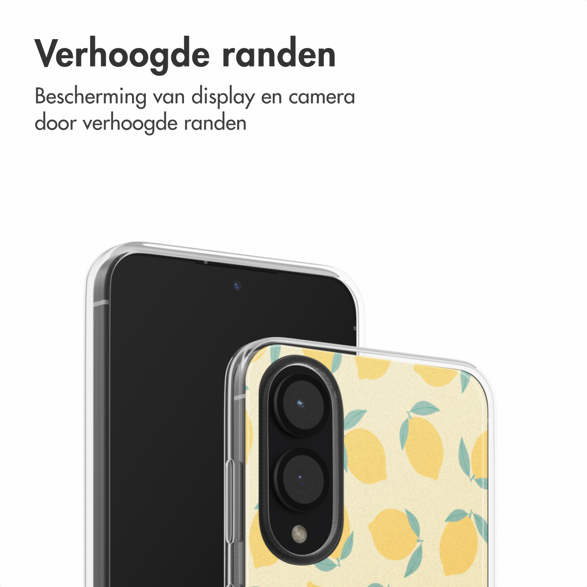 Twee telefoons, een zwarte, een met een citroen design hoesje. De hoesjes zijn zichtbaar.