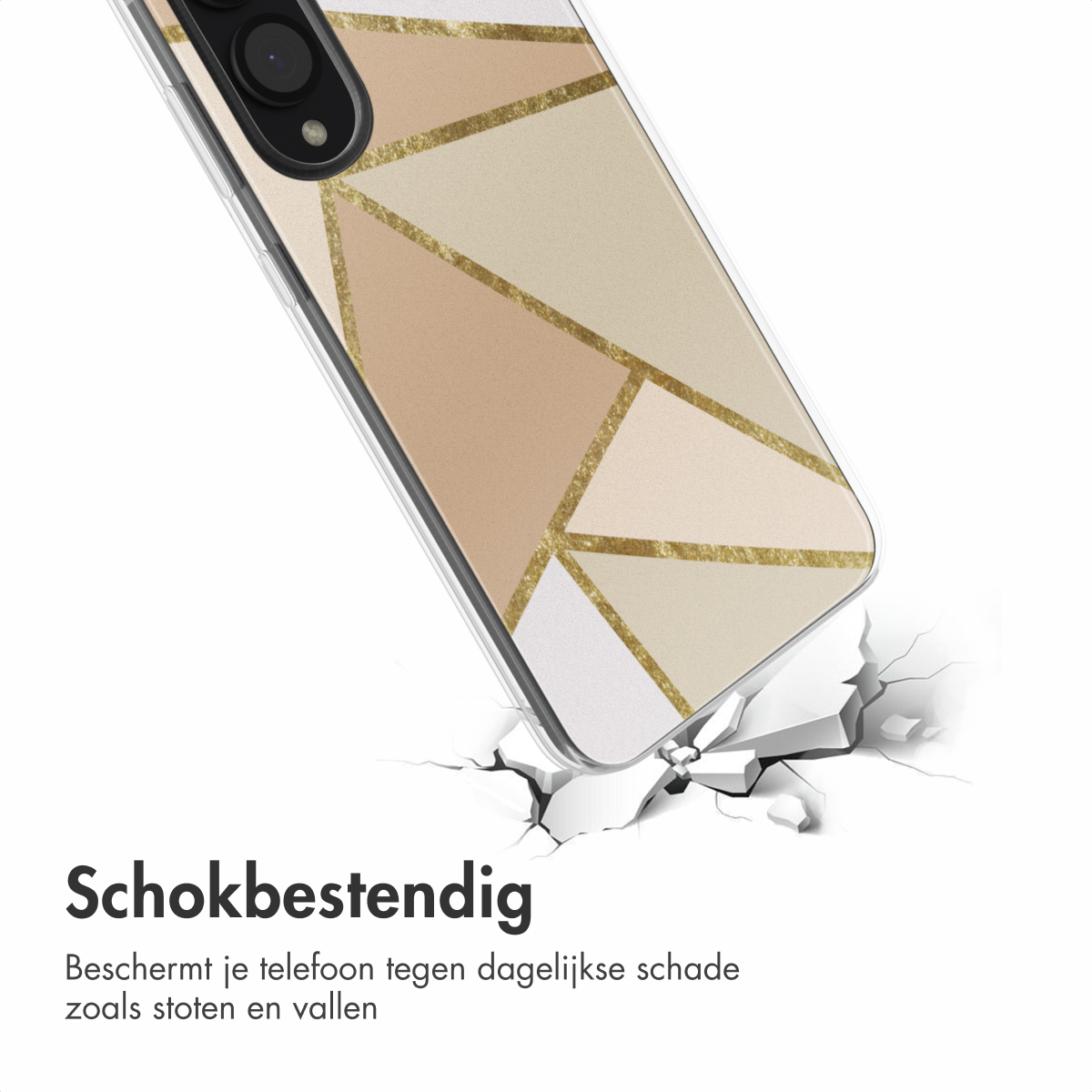 Een telefoonhoesje met een geometrisch ontwerp op een gebarsten oppervlak.
