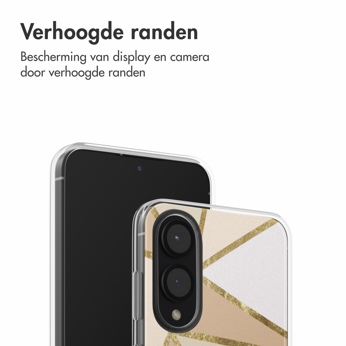 Twee telefoons met hoesjes. Eén met een goud-beige ontwerp, de andere zwart.