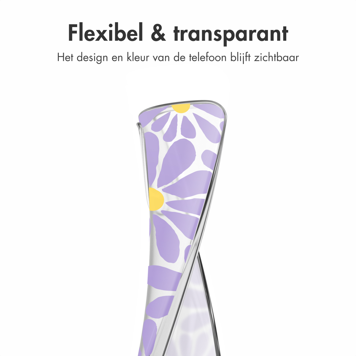 Een telefoonhoesje dat buigt. Het hoesje heeft paarse bloemen.