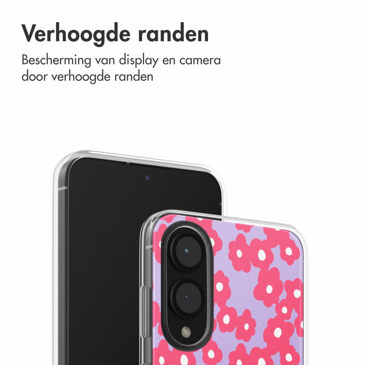 Een telefoon met een hoesje met roze bloemen. De telefoon staat naast een zwart scherm.
