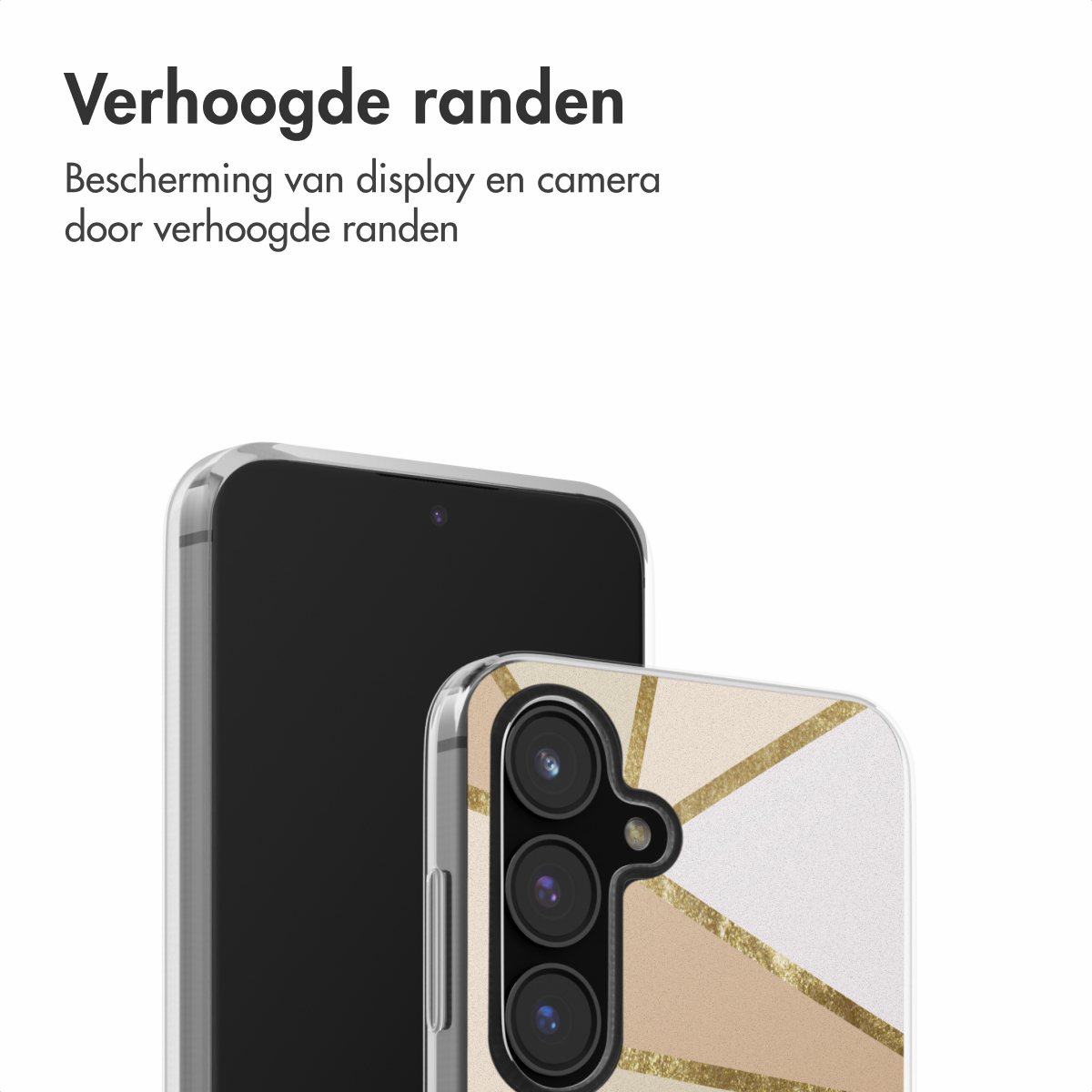Un téléphone et une coque. La coque est transparente avec un motif géométrique beige, doré et blanc. Le téléphone est noir.