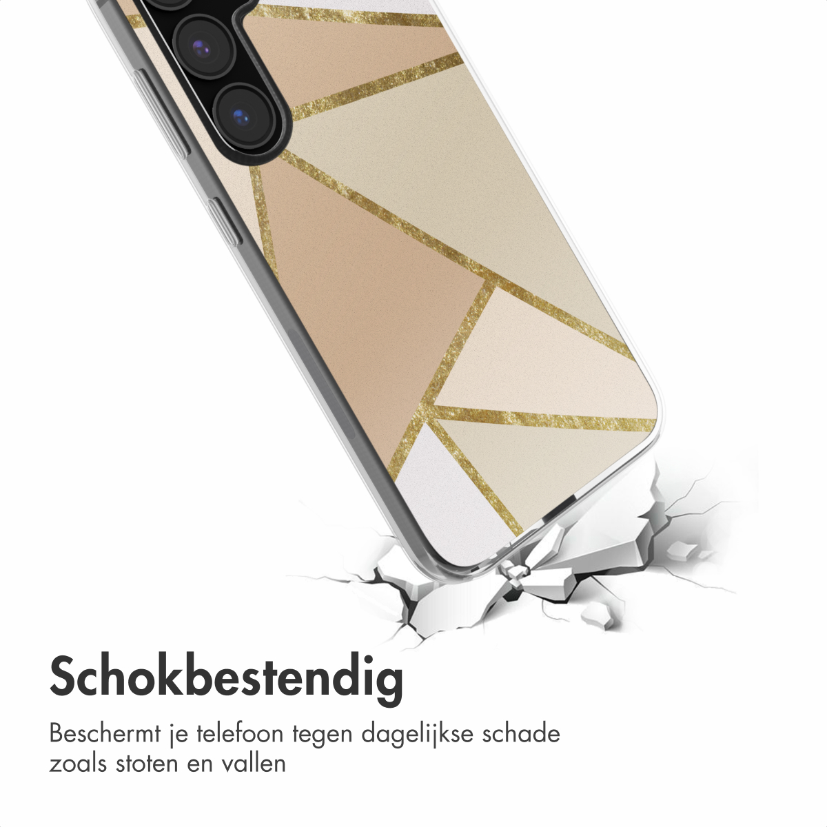 Une coque de téléphone avec un motif géométrique beige, doré et blanc. Le fond montre une fissure.