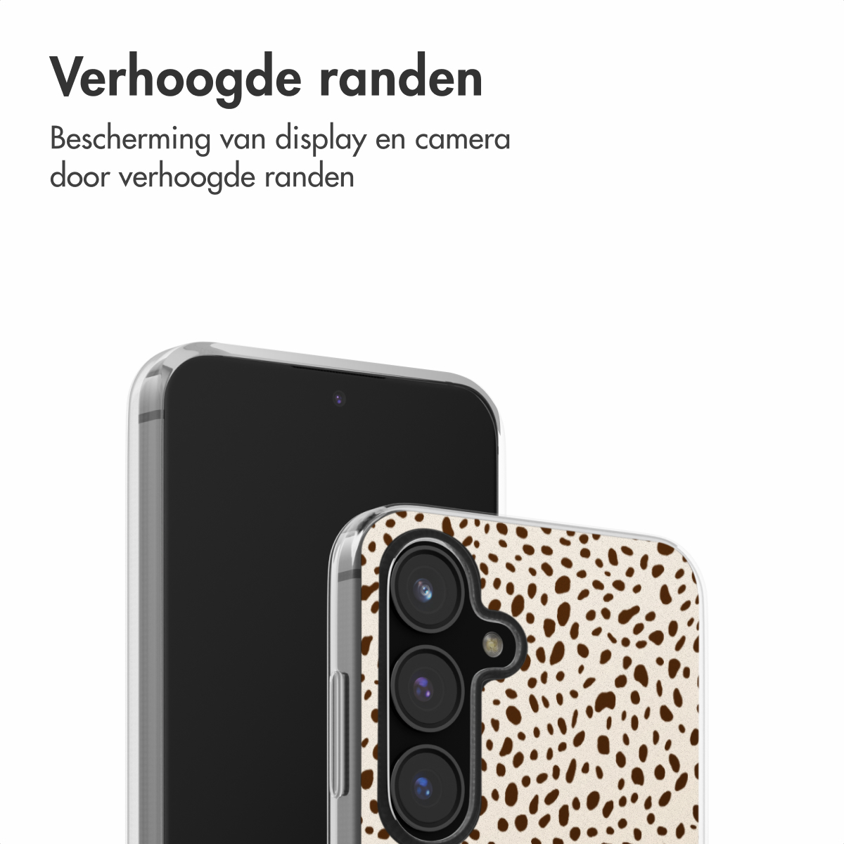 Een telefoon en een hoesje. De hoes is transparant met bruine stippen op beige. De telefoon is zwart.