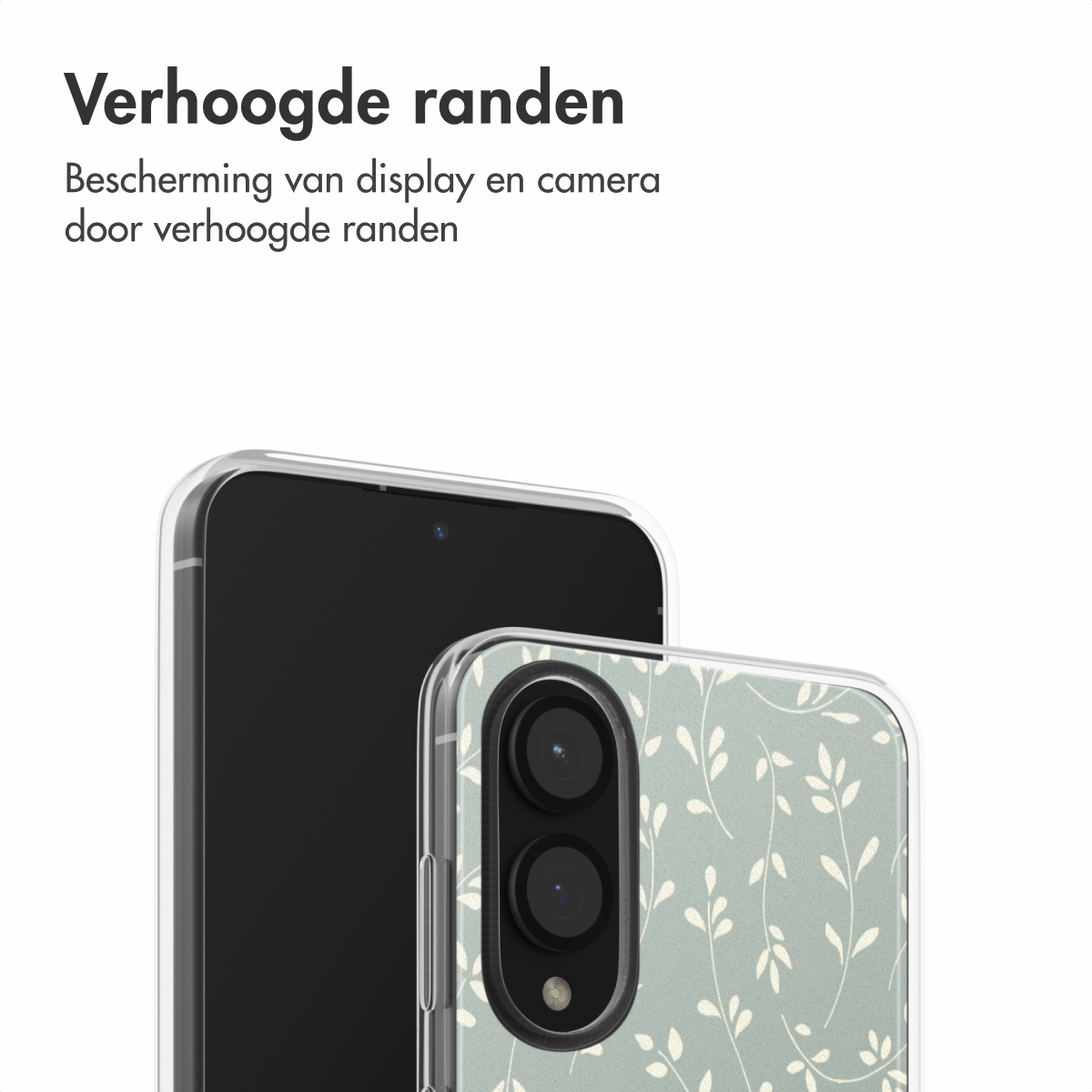 Een telefoon en een hoesje. De hoes is transparant met witte bladeren op een lichtgroene achtergrond. De telefoon is zwart.