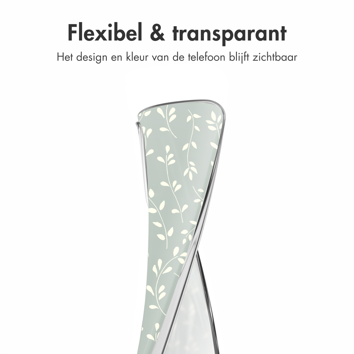 Een telefoonhoesje, flexibel en transparant, met een groen en wit bloemenontwerp.