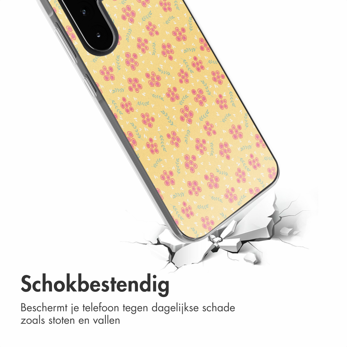 Een telefoonhoesje met een geel en roze bloemenpatroon valt, met scheuren.