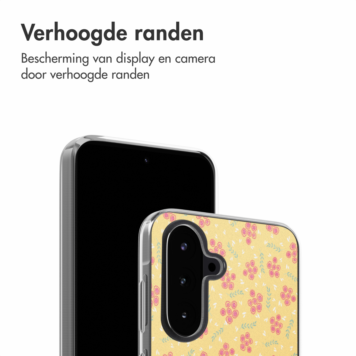 Een telefoon en een hoesje. De hoes is geel met roze bloemen. De telefoon is zwart.