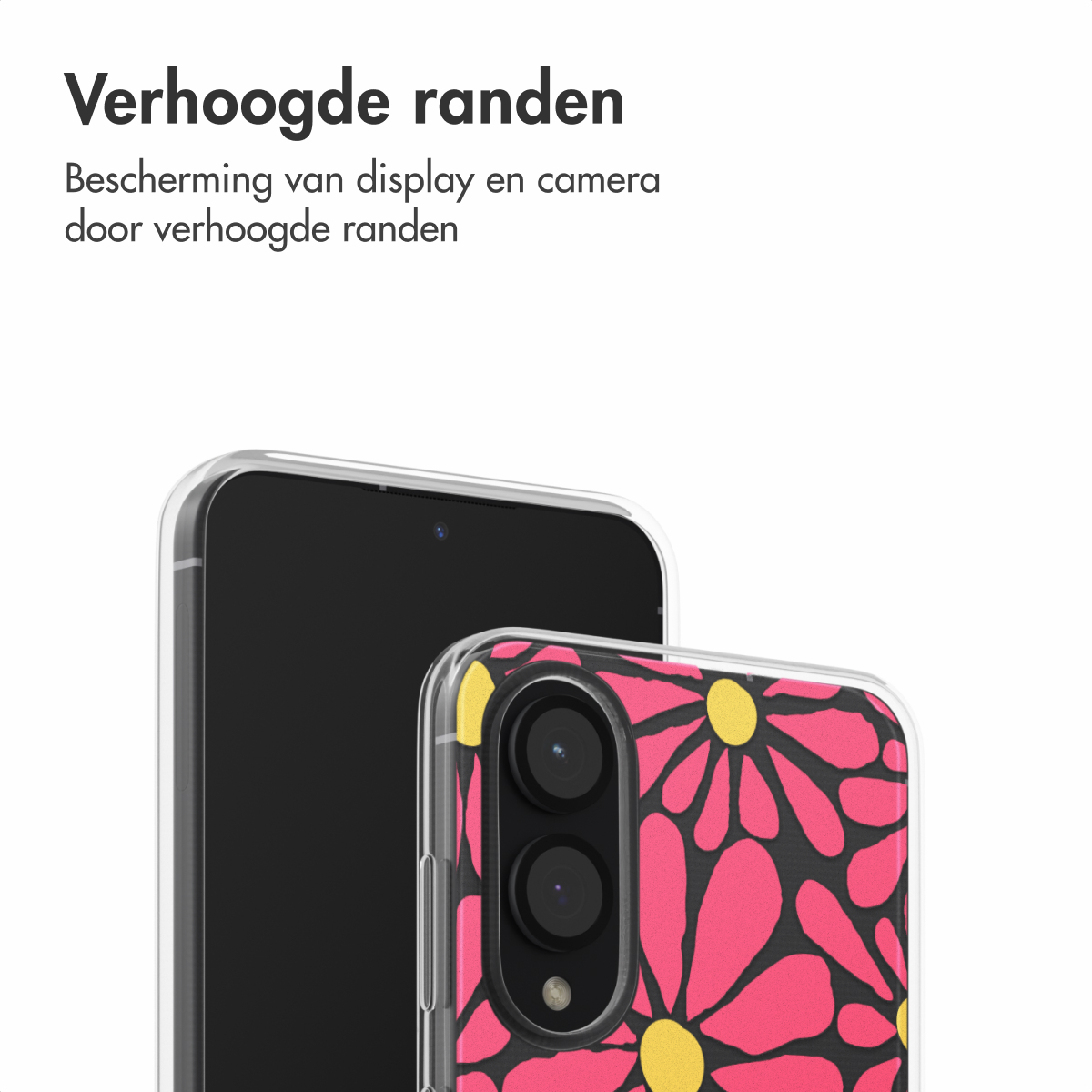 Un téléphone avec un étui floral a des bords surélevés pour protéger l'écran et la caméra, à côté d'un téléphone simple.