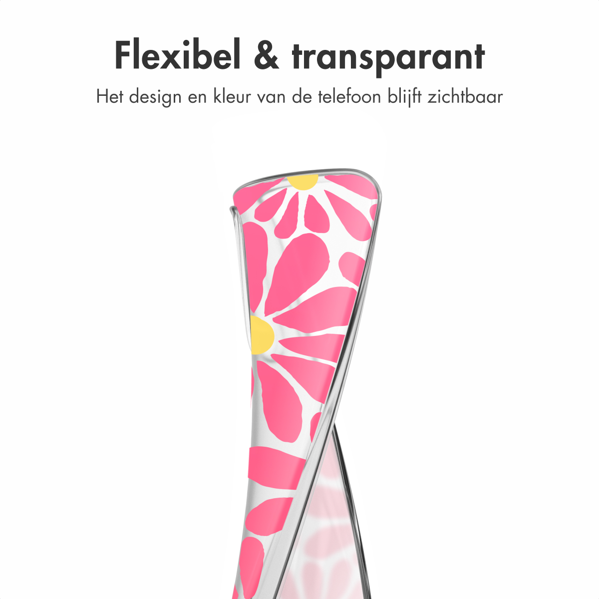 Un étui de téléphone transparent avec un motif floral rose est présenté, soulignant sa flexibilité et sa transparence.