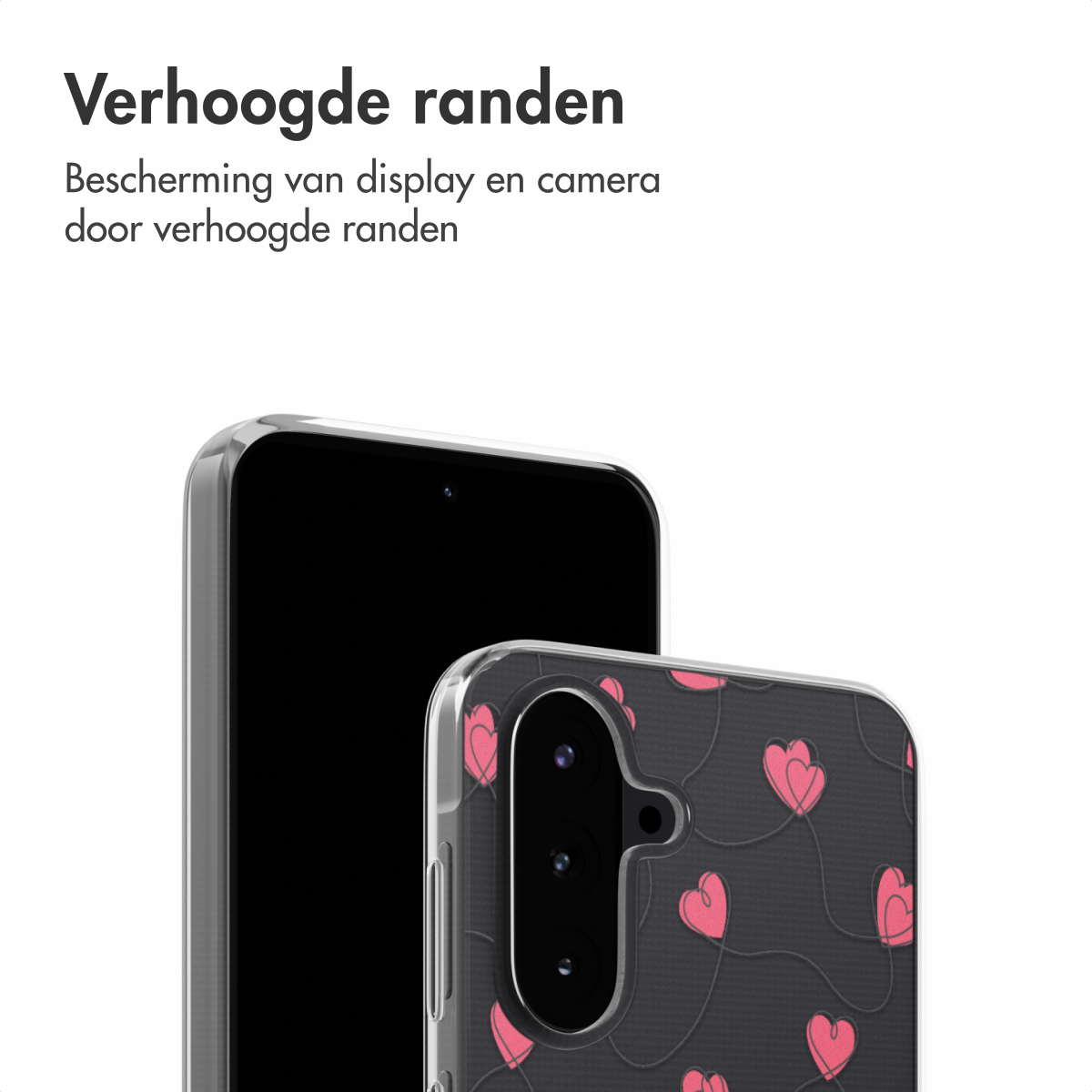 Twee telefoons. Eén zwart, de andere heeft een zwarte hoes met roze hartjes op zwarte achtergrond.