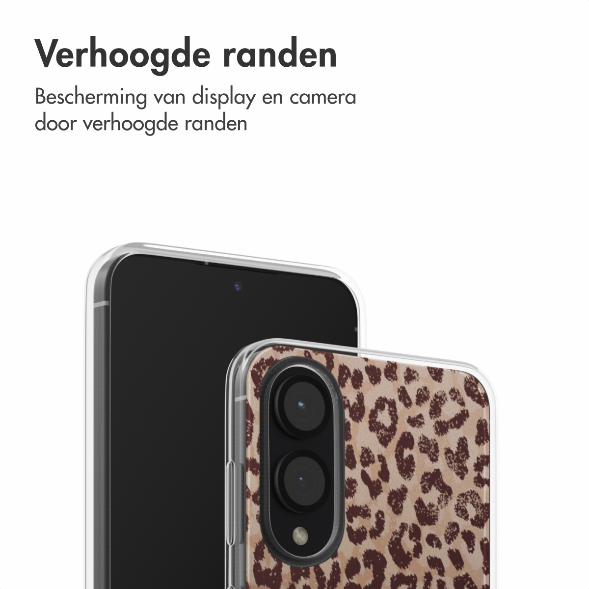 Telefoonhoesje met een luipaardprint op de telefoon. De tekst bovenaan zegt 'Verhoogde randen'.