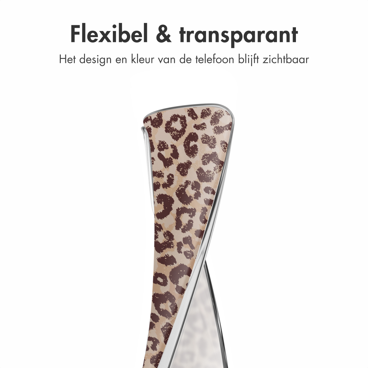 Een telefoonhoesje met bruine luipaardprint is gebogen en toont transparantie en flexibiliteit.