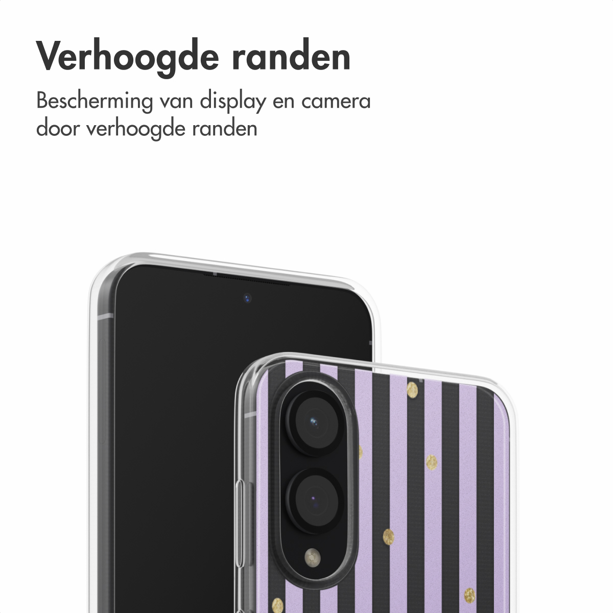 Een telefoonhoesje met verticale paarse strepen en gouden stippen is gebogen en toont transparantie en flexibiliteit.