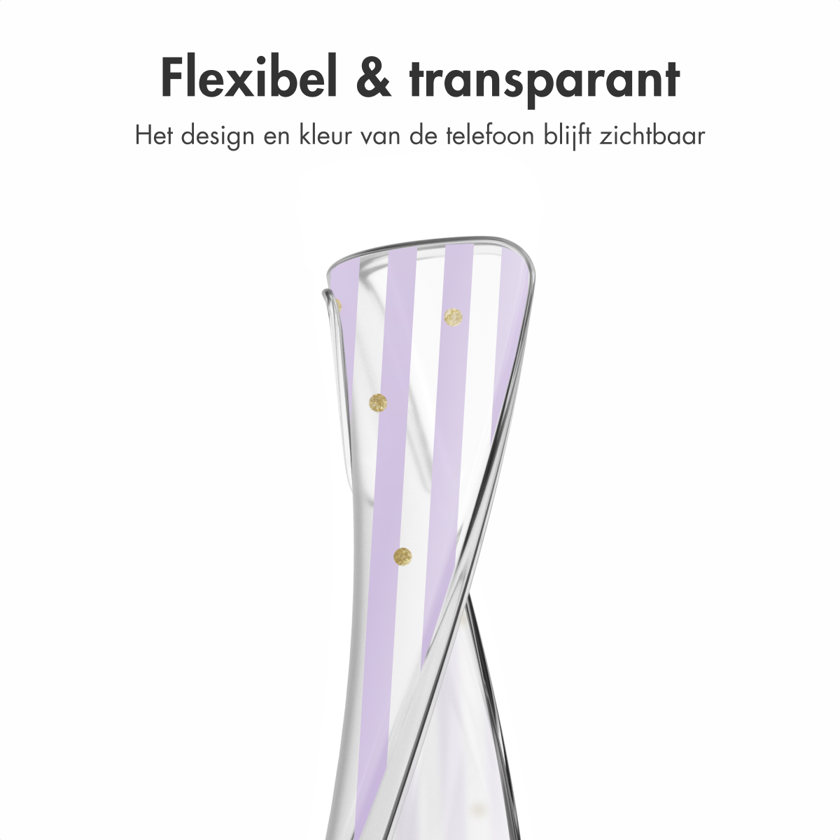 Een telefoonhoesje met verticale paarse strepen en gouden stippen is gebogen en toont transparantie en flexibiliteit.