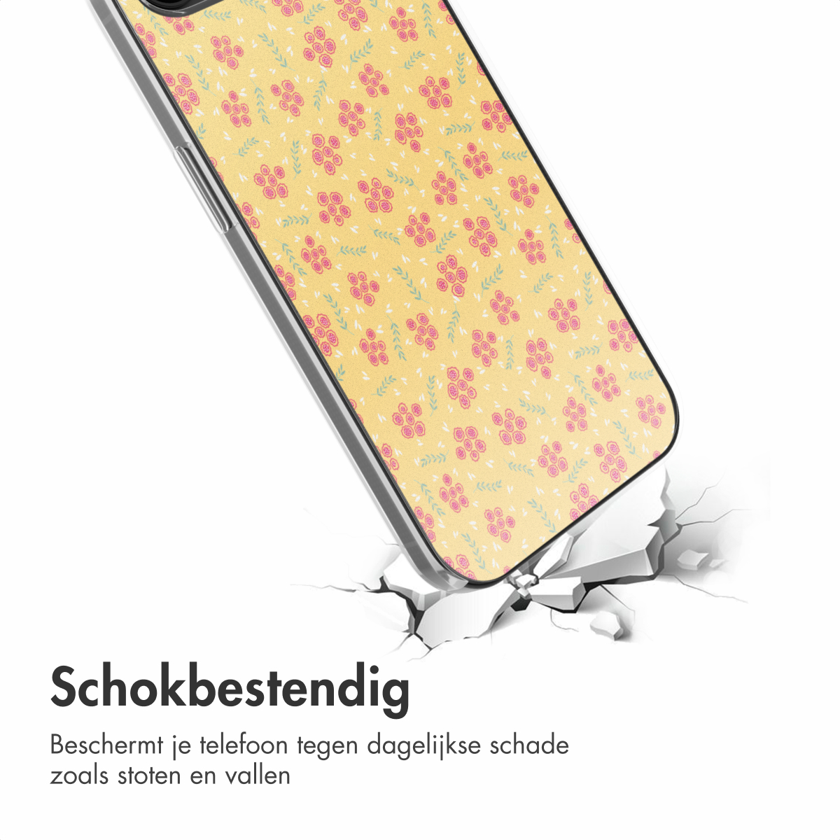 Handyhülle mit Blumenmuster schlägt auf, verursacht Risse. Weißer Hintergrund. Text: 'Stoßfest' auf Niederländisch.