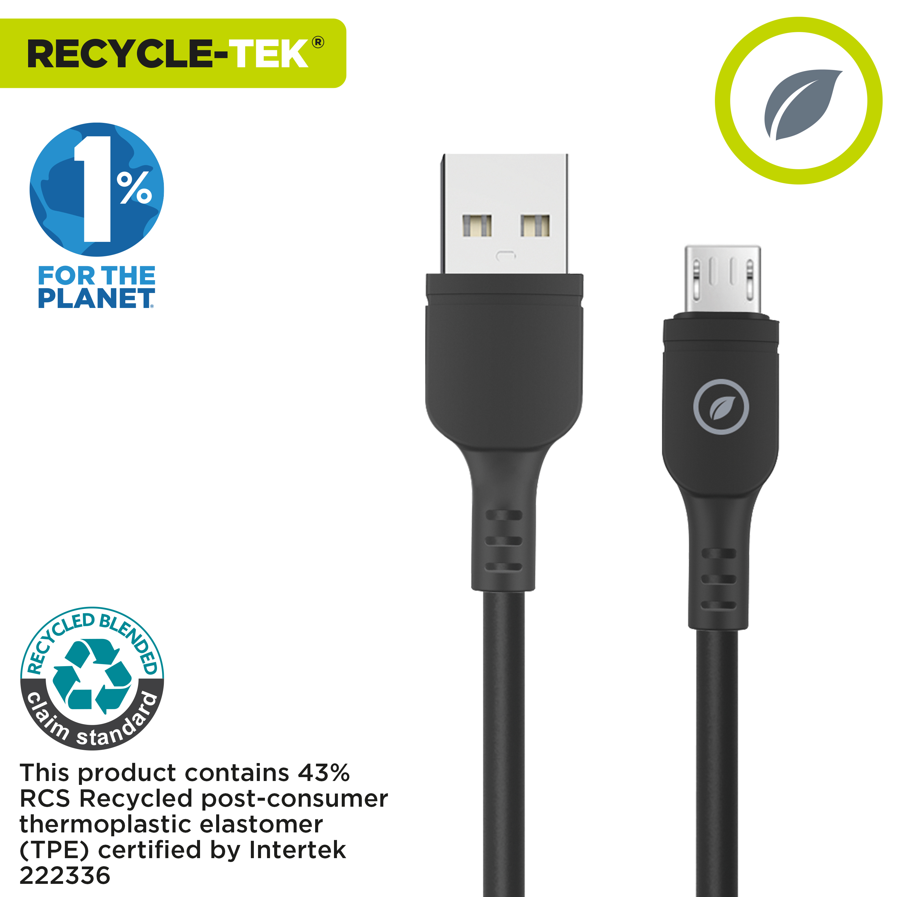 Cavo USB nero con connettore micro USB. Il prodotto è riciclabile e misto.